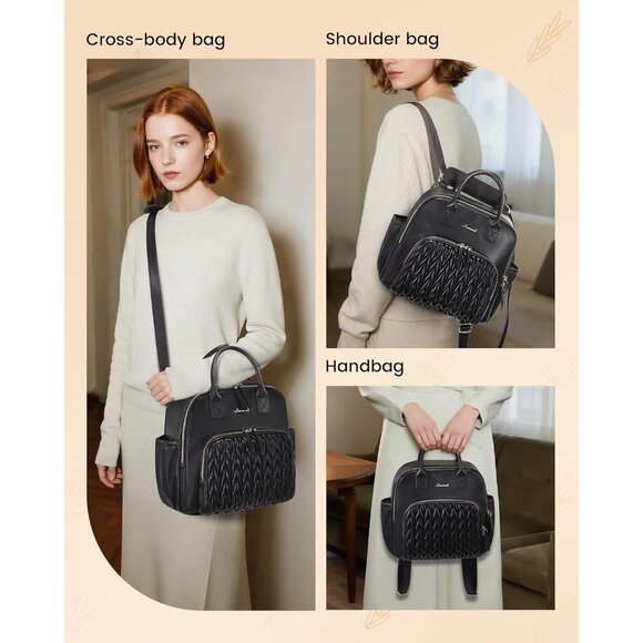 Black Faux Leather Women's Small Stylish Waterproof Daypack Backpack for Travel - Picture 2 of 7